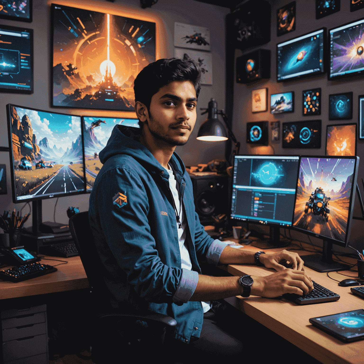 Aarav Patel, a young Indian mobile game developer, sitting at his workstation surrounded by colorful concept art and multiple screens showing game development software