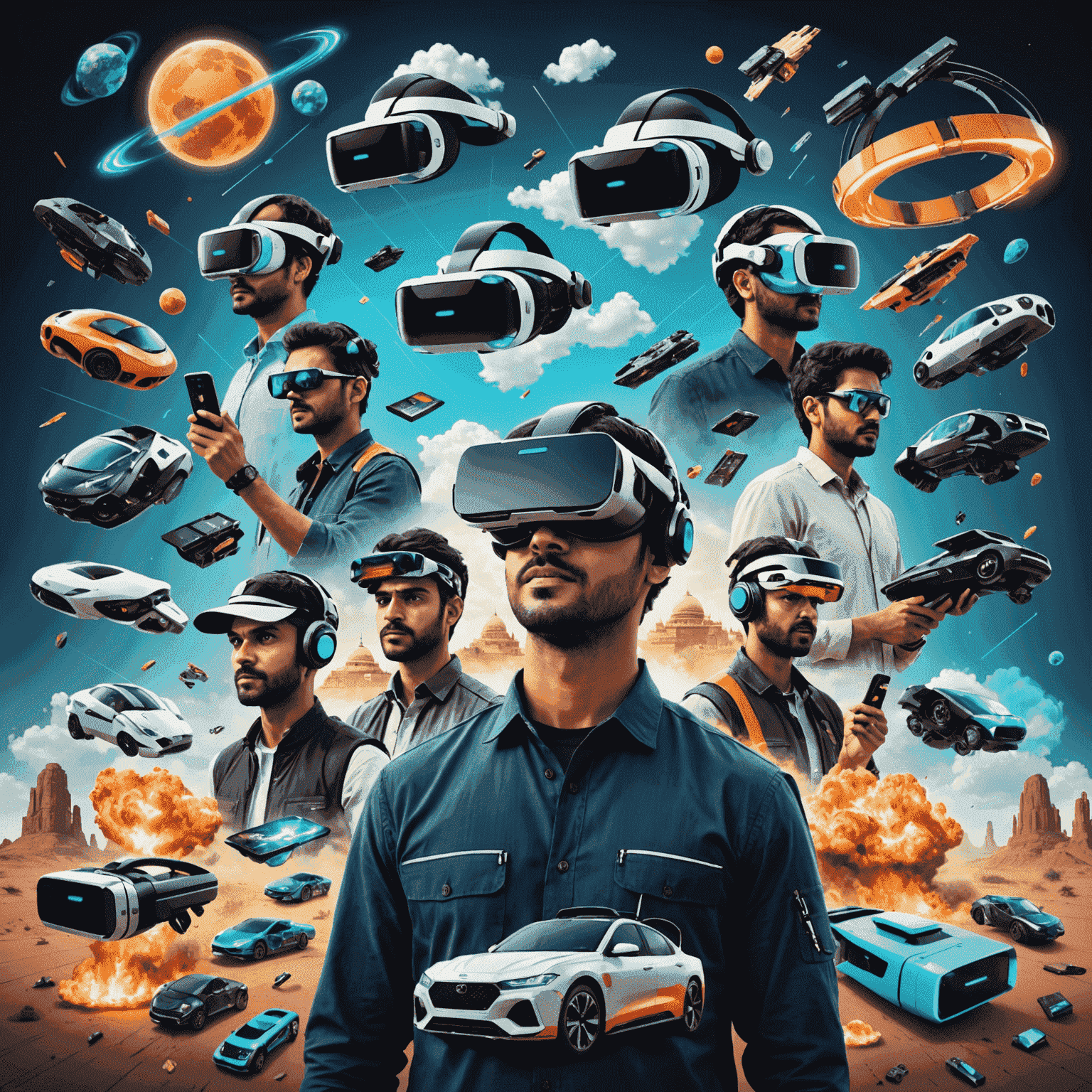 A futuristic collage showcasing AR, VR headsets, cloud servers, and AI chips integrated with mobile devices displaying popular Indian games