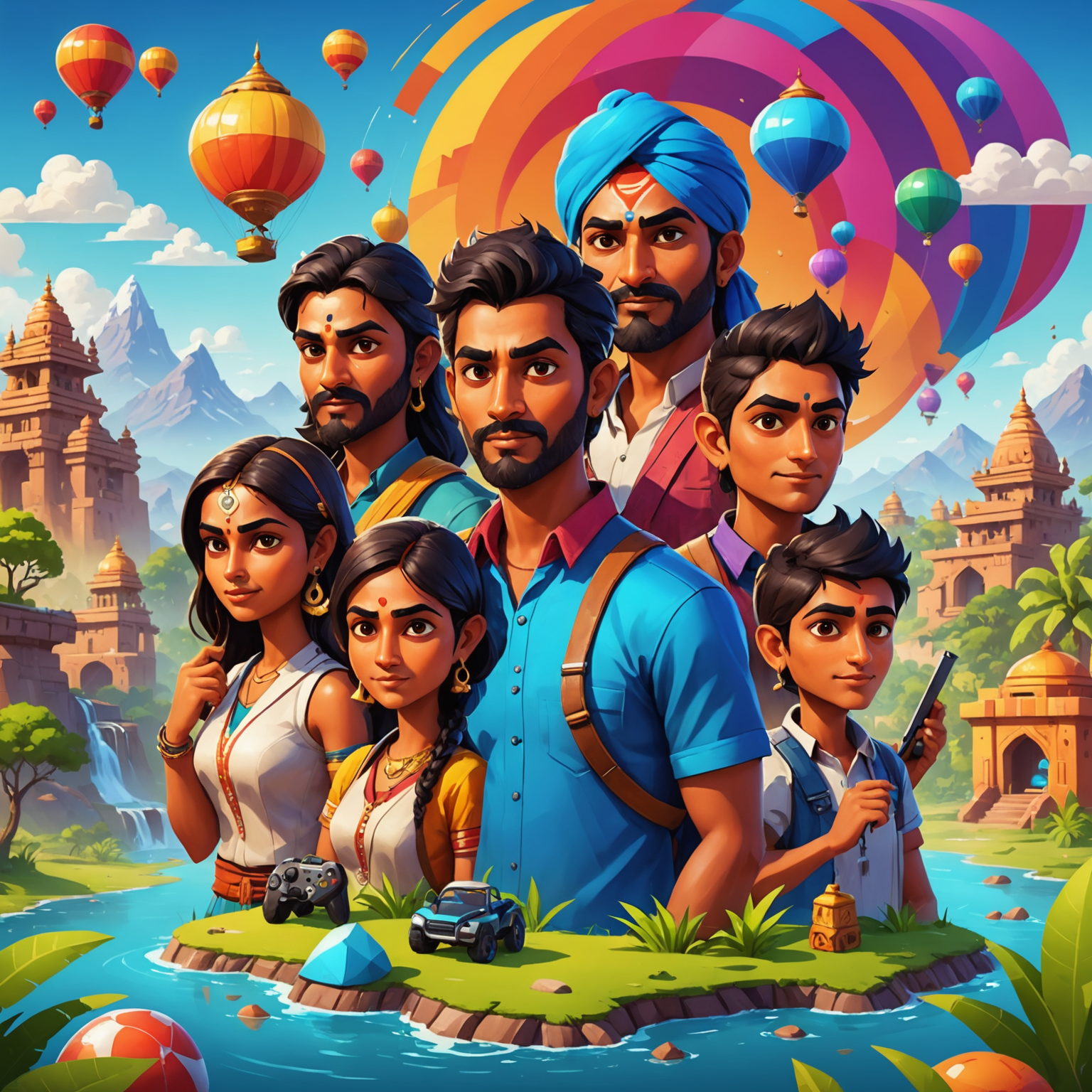 A team of diverse Indian game developers collaborating on a colorful, abstract mobile game interface. The image showcases a mix of 2D and 3D elements, with vibrant characters and landscapes inspired by Indian culture.