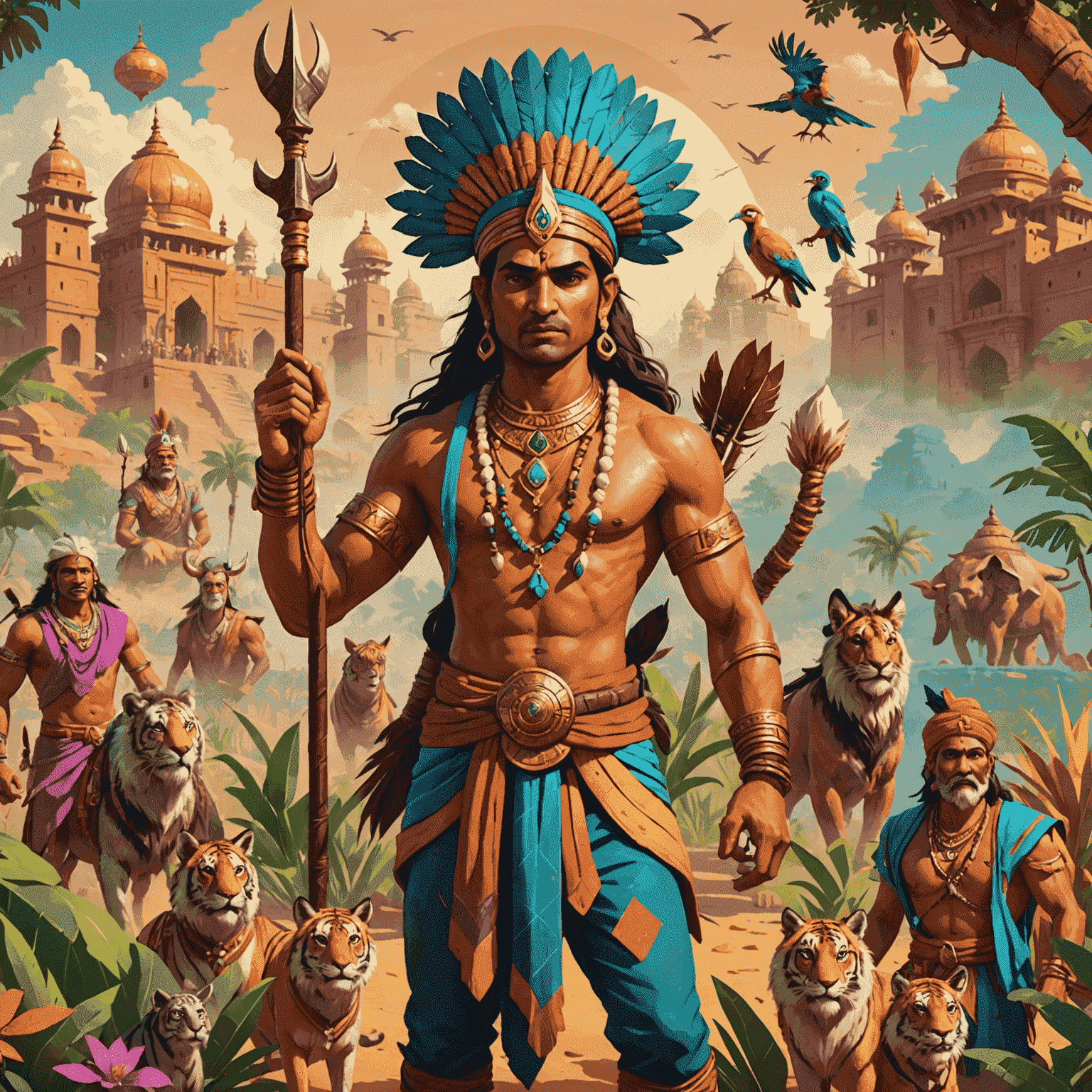 A collage of vibrant game assets featuring Indian-inspired characters, environments, and UI elements. The image showcases a blend of traditional Indian art styles with modern game design aesthetics.