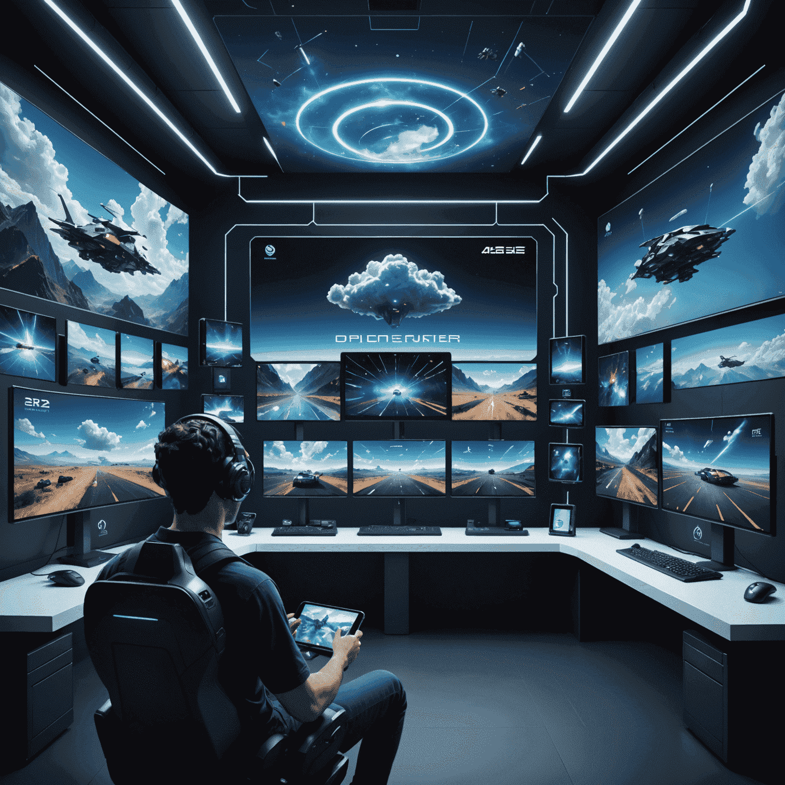 Futuristic cloud gaming interface with multiple screens floating in a virtual space, showcasing seamless gameplay across devices