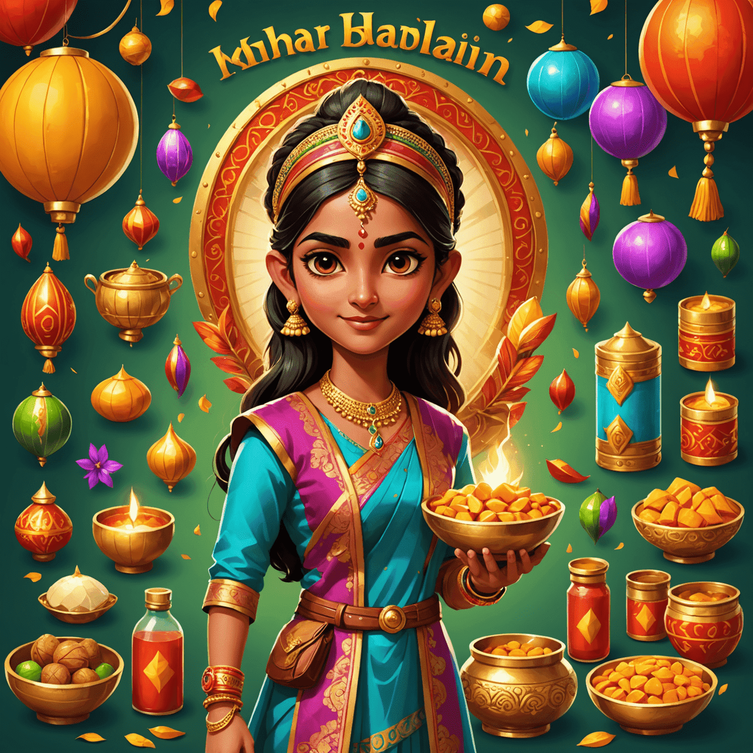Illustration of popular in-app purchase items in Indian mobile games, including traditional outfits for characters, cricket-themed power-ups, and Diwali-inspired decorative elements