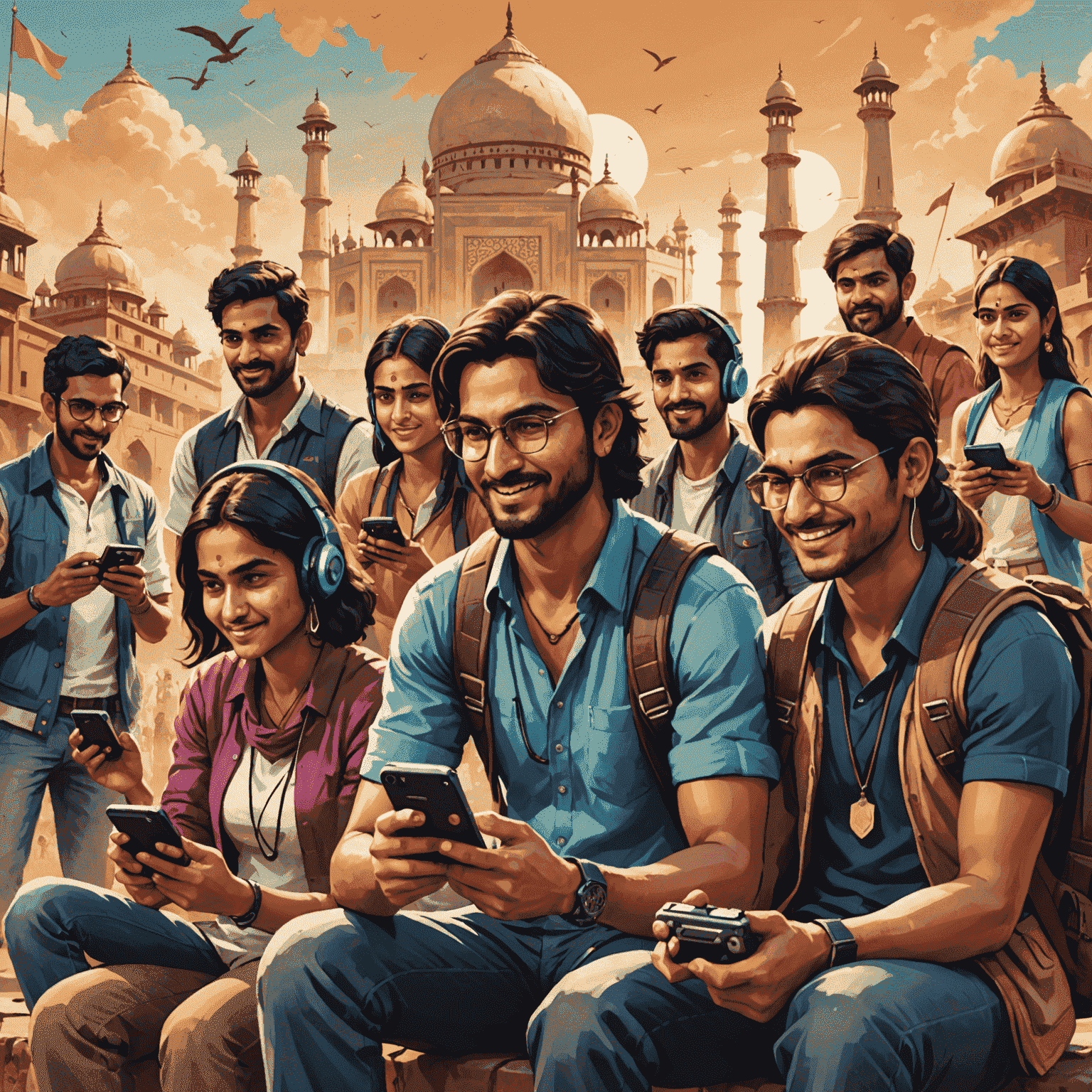 Illustration showing a diverse group of Indian gamers enjoying culturally adapted mobile games on smartphones, with recognizable Indian landmarks and symbols in the background