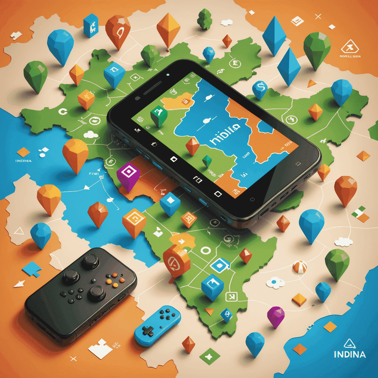 Abstract representation of Indian mobile gaming industry with colorful icons of smartphones, game controllers, and rupee symbols floating over a map of India