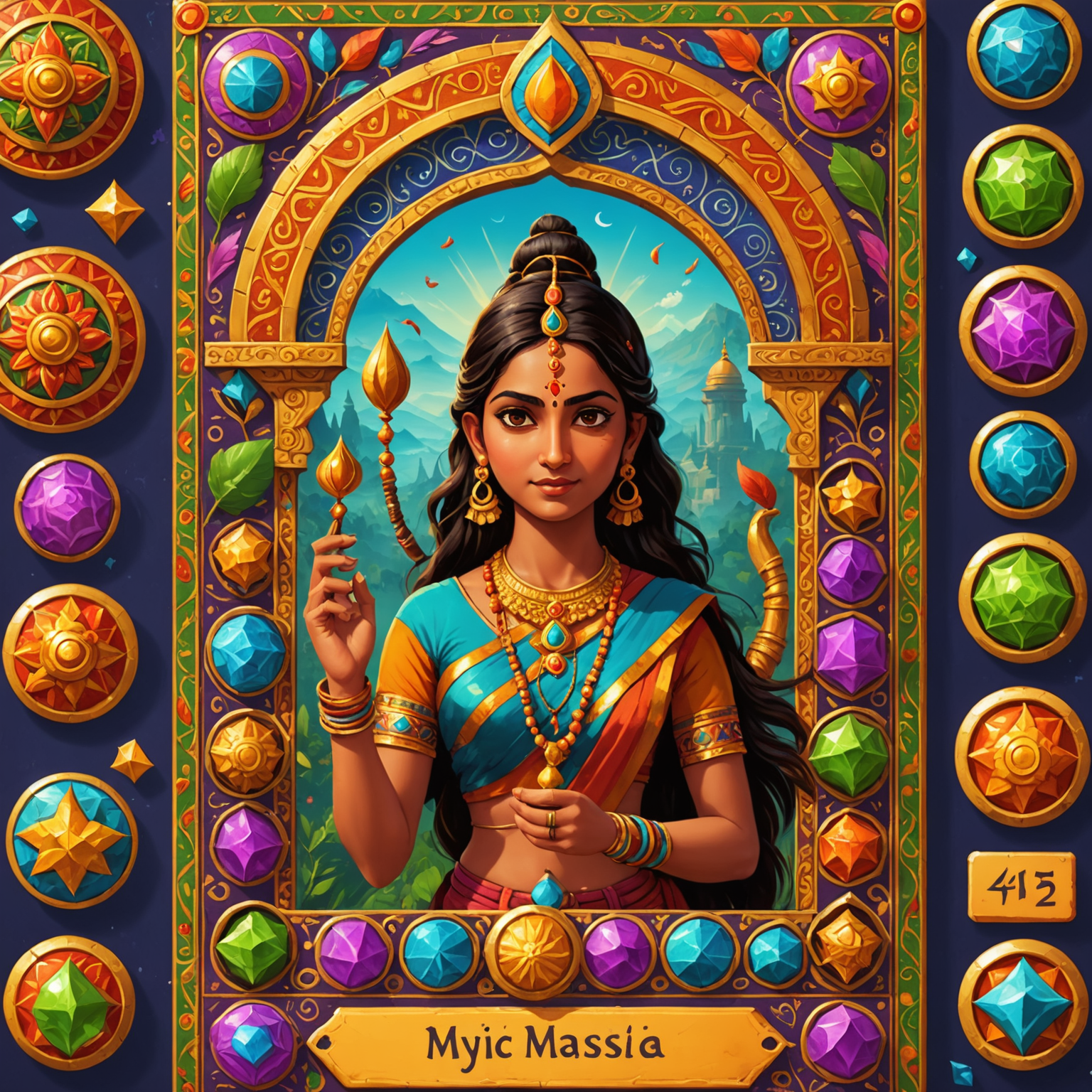 Screenshot of 'Mystic Masala' game, showing vibrant Indian-inspired graphics, mythological characters, and puzzle elements on a mobile phone screen