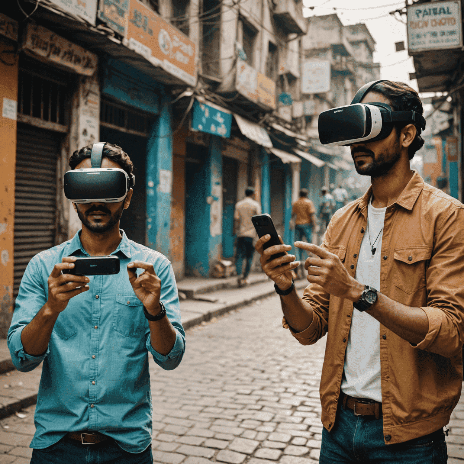 A split-screen image showing a person using a VR headset with their smartphone and another person playing an AR game in an Indian street setting