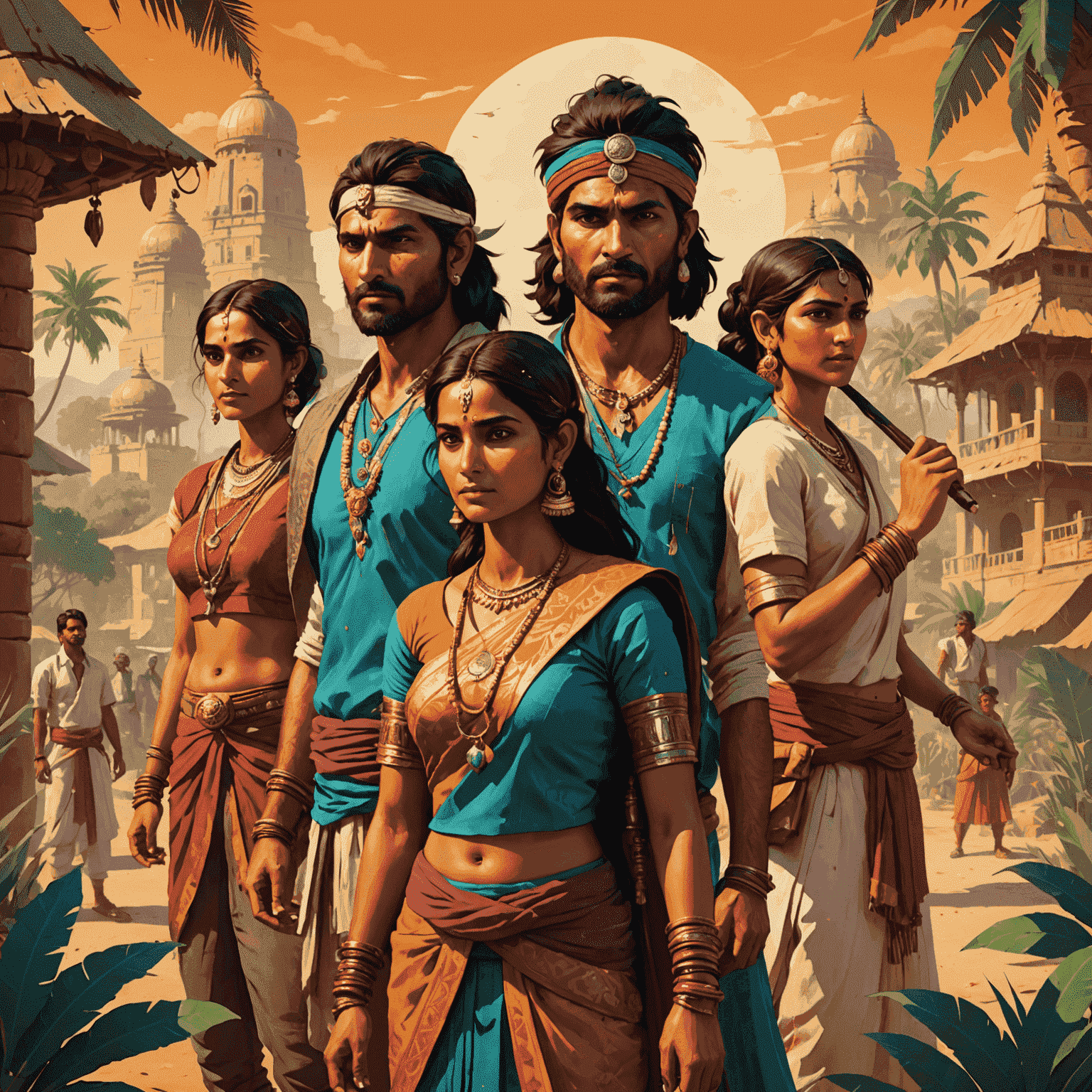 Vibrant collage of Indian-inspired game art, characters, and environments
