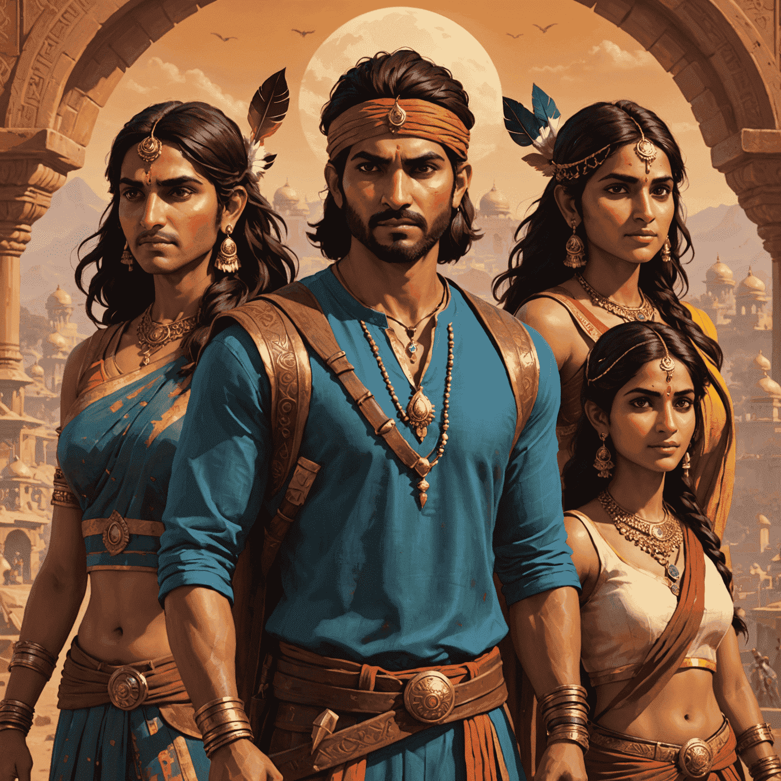 A showcase of diverse Indian-inspired game characters, ranging from mythological heroes to contemporary protagonists, each with unique cultural elements in their design.