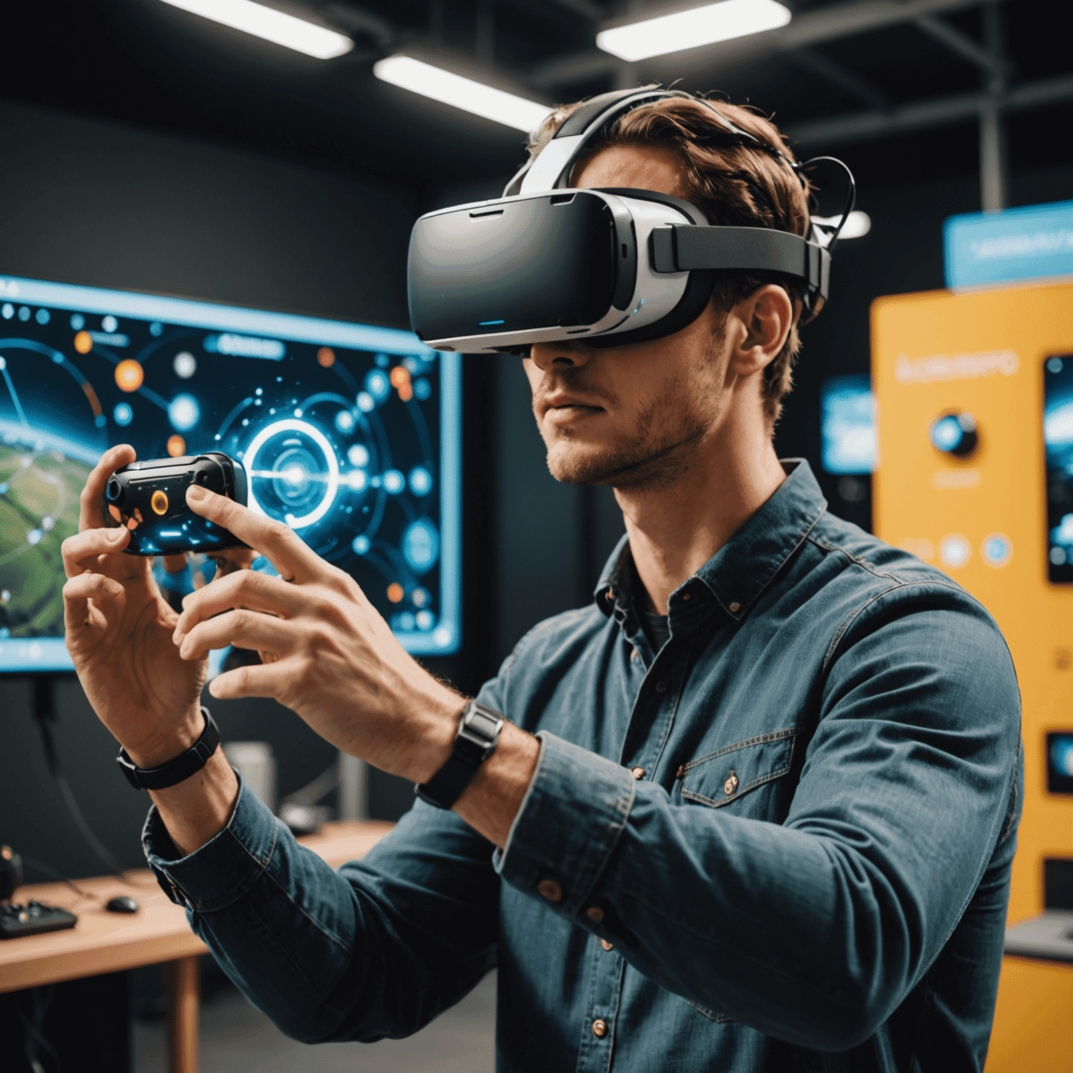 Person wearing VR headset interacting with augmented reality elements overlaid on a mobile game environment