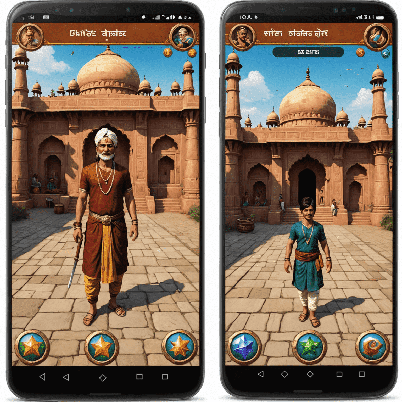 Before and after comparison of a mobile game interface, showing the original version and the culturally adapted version for the Indian market, with Hindi text, Indian-inspired graphics, and localized content