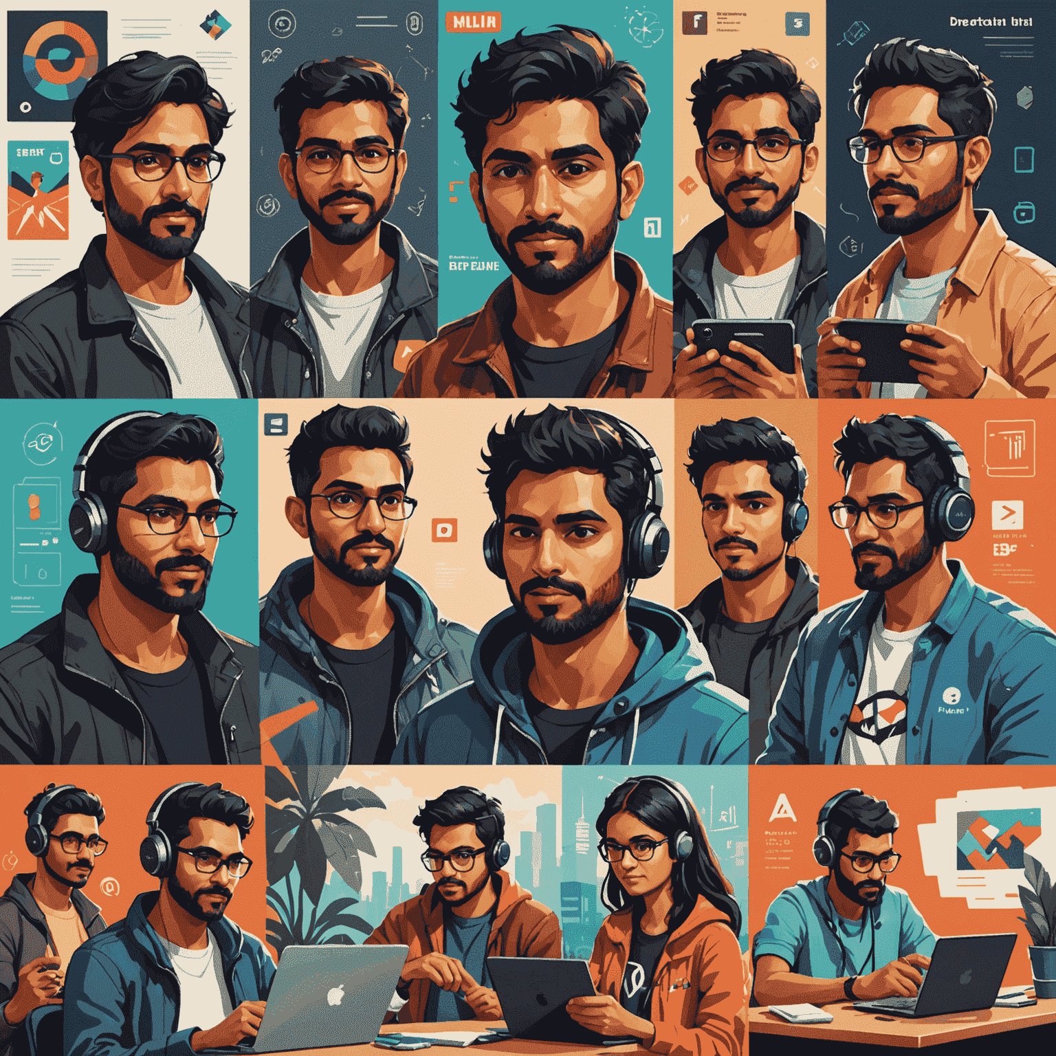 Collage of diverse Indian game developers working on mobile devices, surrounded by code snippets and game art