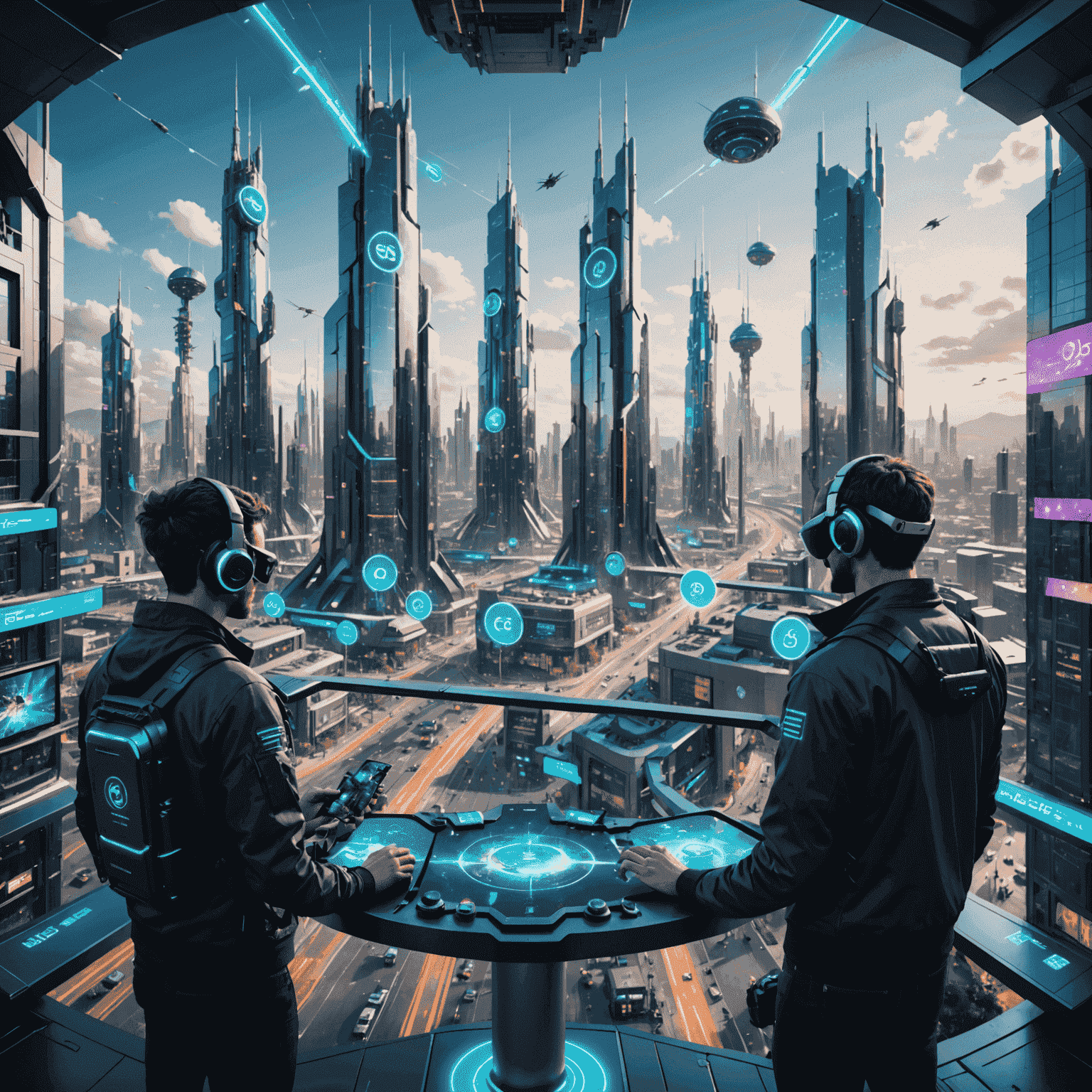 A futuristic cityscape with 5G towers, showing people playing multiplayer mobile games with zero lag, surrounded by holographic game interfaces
