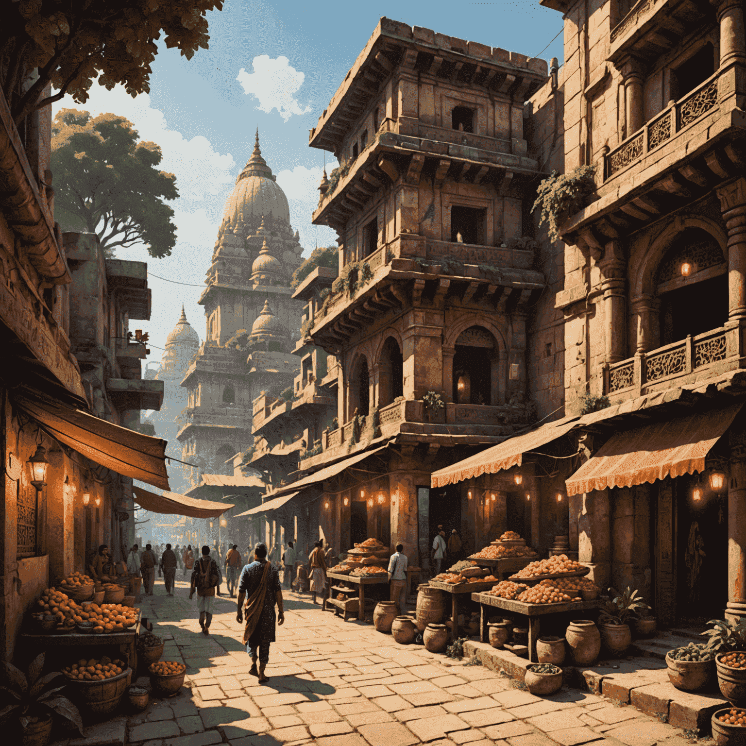 A collection of game environment concepts featuring iconic Indian locations, including a colorful marketplace, an ancient temple complex, and a modern cityscape with traditional architectural elements.