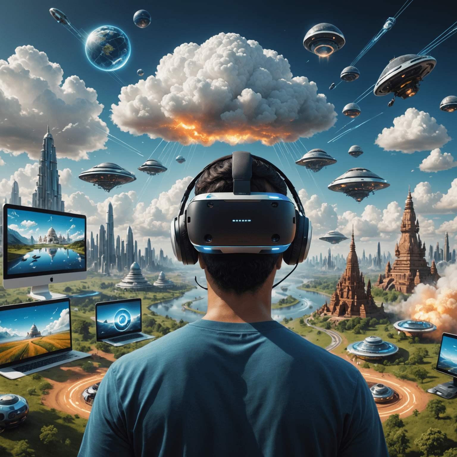 Futuristic visualization of AR, VR, cloud gaming, and AI technologies intertwining with mobile devices and Indian cultural elements