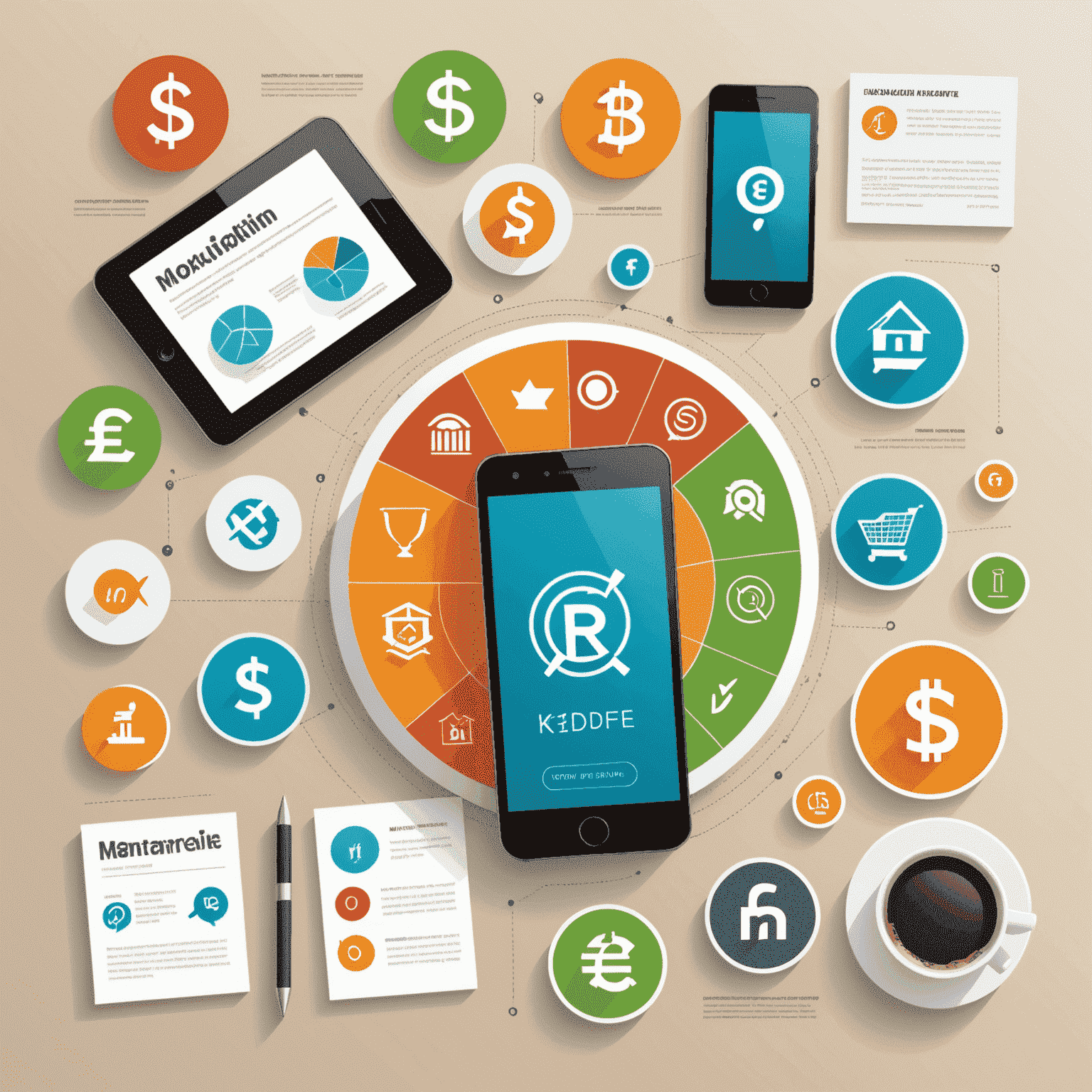 Infographic showing various monetization models with Indian rupee symbols and mobile devices