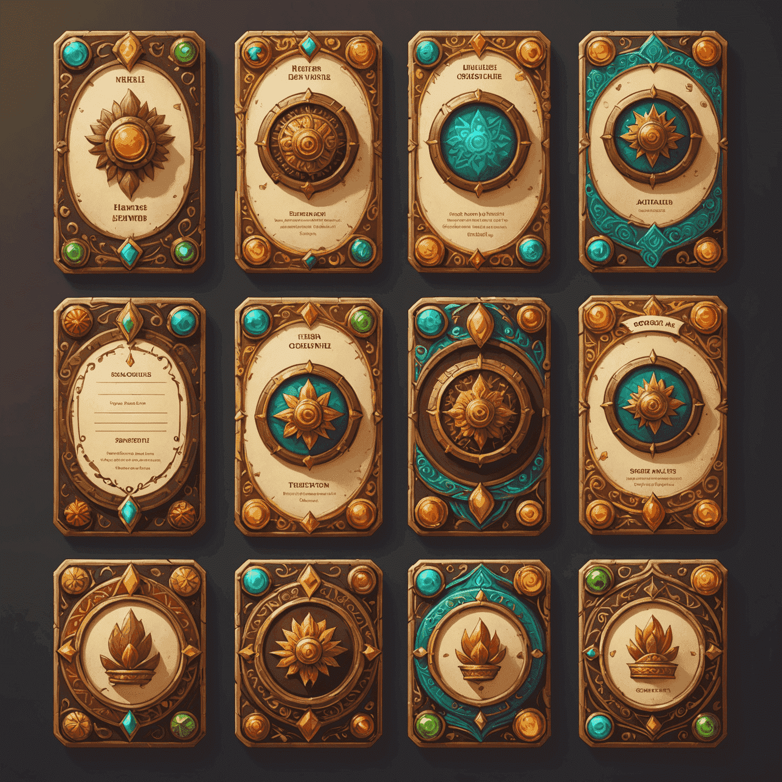 A compilation of UI design elements for mobile games, showcasing menu screens, HUDs, and icons with Indian-inspired patterns and color schemes.